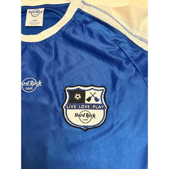 Hard Rock Cafe Blue Soccer Jersey Top Global Flag Design Large Live Love Play - Picture 9 of 10
